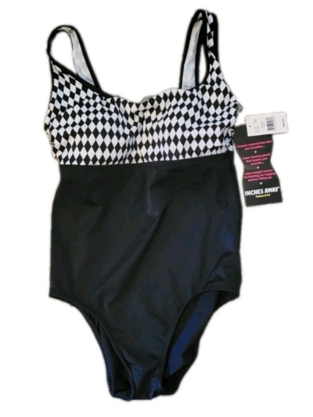 Inches Away Black & White Harlequin Check Slimming Swimsuit One Pc Tummy Control